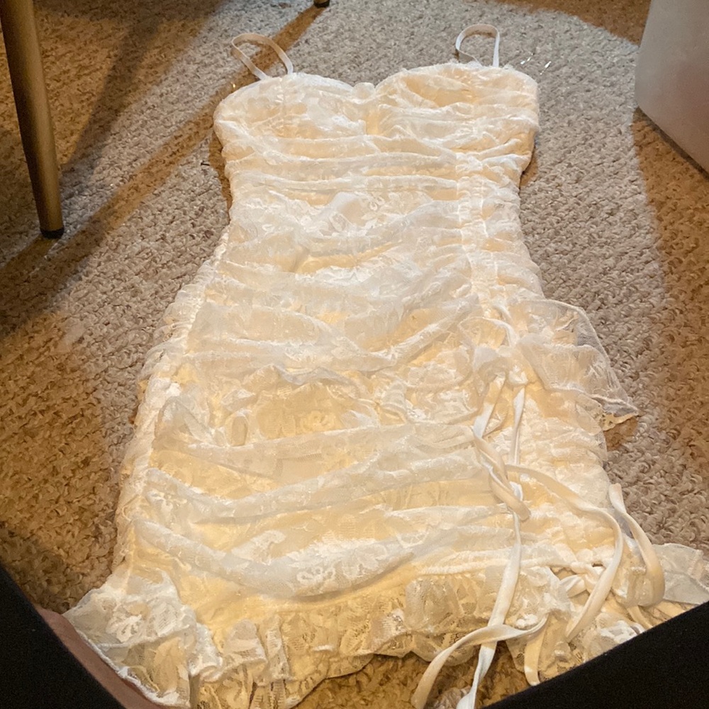 NWT|Cute, white, lace mini-ish dress|backzip, spaghetti straps. 2 side ruchings.